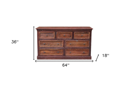 64" Brown Distressed Solid and Reclaimed Wood Seven Drawer Double Dresser