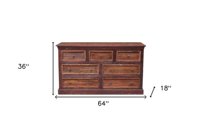 64" Brown Solid Wood Seven Drawer Double Dresser