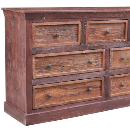 64" Brown Distressed Solid and Reclaimed Wood Seven Drawer Double Dresser