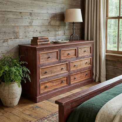 64" Brown Solid Wood Seven Drawer Double Dresser