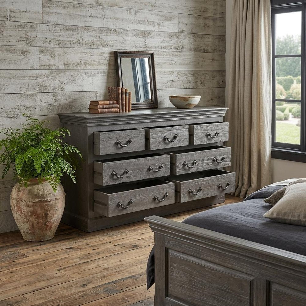 64" Gray Solid Wood Seven Drawer Double Dresser