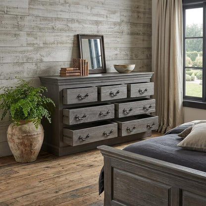 64" Gray Solid Wood Seven Drawer Double Dresser