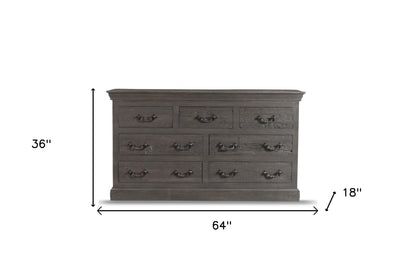 64" Gray Solid Wood Seven Drawer Double Dresser