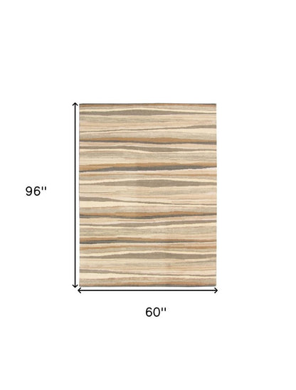 5' X 8' Beige and Brown Wool Striped Hand Loomed Area Rug