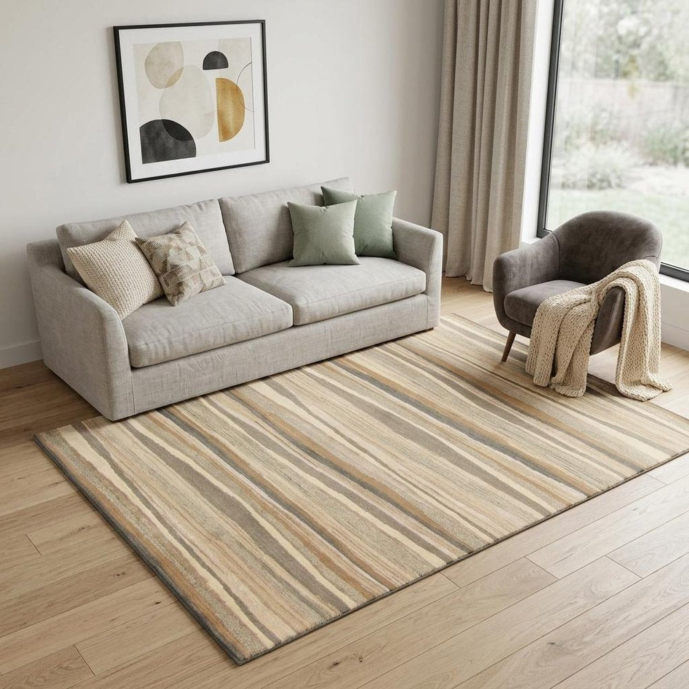 5' X 8' Beige and Brown Wool Striped Hand Loomed Area Rug