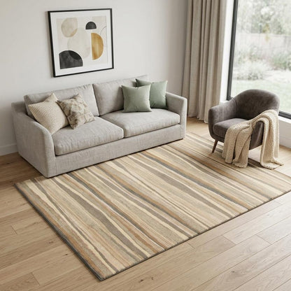 5' X 8' Beige and Brown Wool Striped Hand Loomed Area Rug