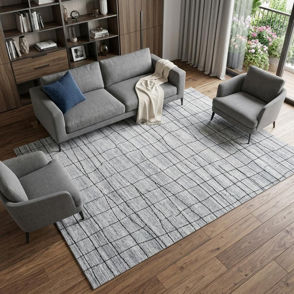 8' X 10' Gray and Black Wool Abstract Geometric Hand Loomed Area Rug