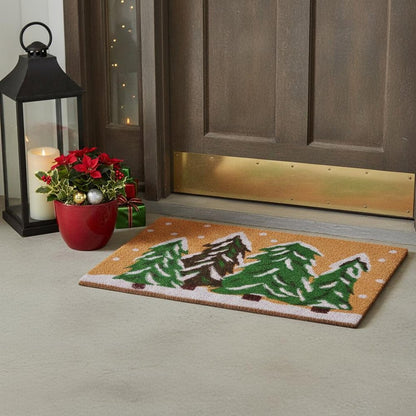 17" X 29" Natural and Green Coir Christmas Trees Outdoor Christmas Door Mat