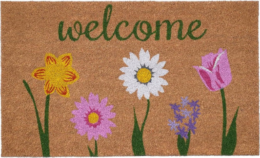 17" X 29" Natural Pink and Green Coir Floral Welcome Outdoor Door Mat
