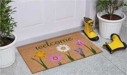 17" X 29" Natural Pink and Green Coir Floral Welcome Outdoor Door Mat