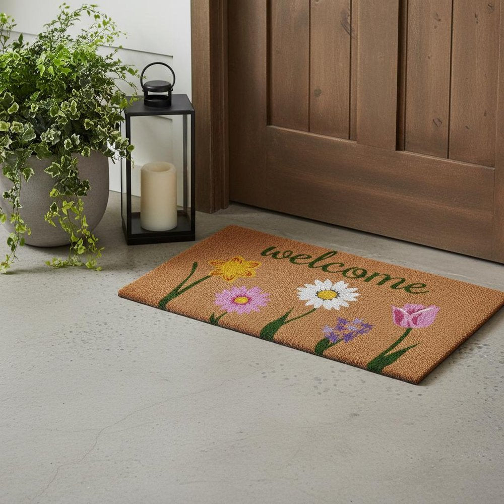 17" X 29" Natural Pink and Green Coir Floral Welcome Outdoor Door Mat