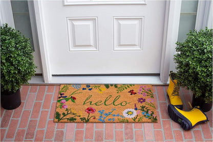 24" X 36" Natural and Green Coir Floral Hello Outdoor Door Mat
