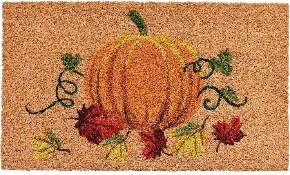 17" X 29" Natural And Orange Pumpkin Outdoor Coir Door Mat