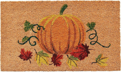 17" X 29" Natural And Orange Pumpkin Outdoor Coir Door Mat