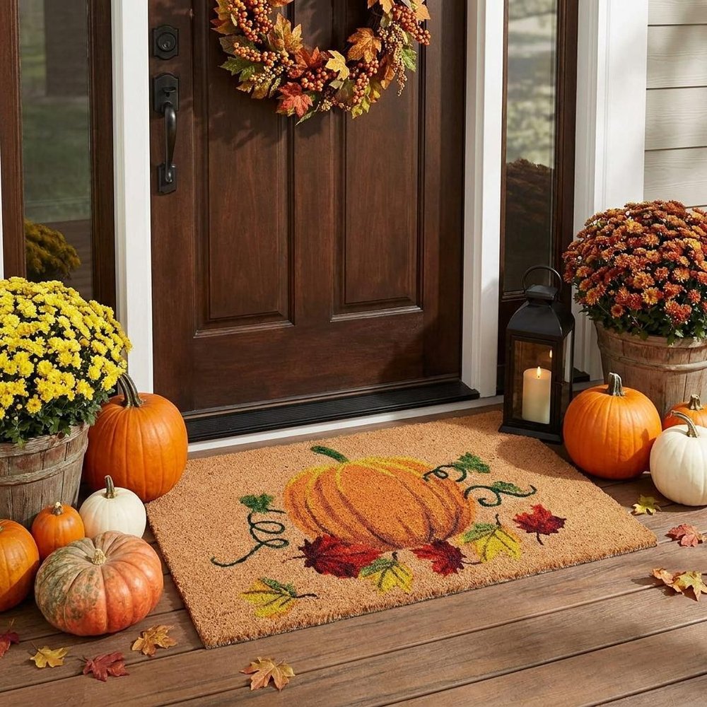 17" X 29" Natural And Orange Pumpkin Outdoor Coir Door Mat