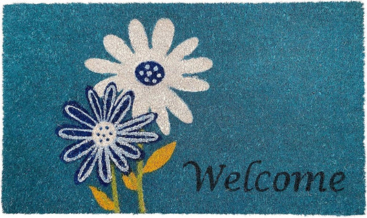 17" X 29" Blue and White Coir Floral Welcome Outdoor Door Mat