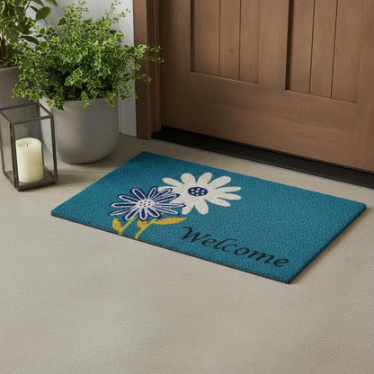 17" X 29" Blue and White Coir Floral Welcome Outdoor Door Mat