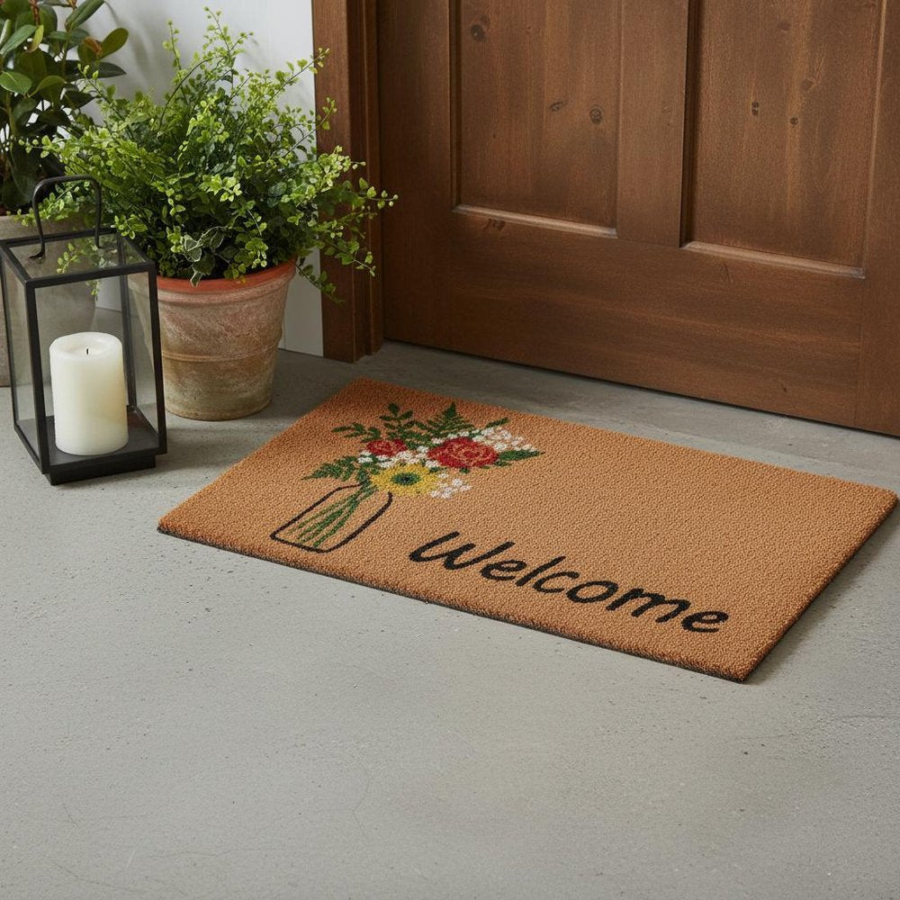 17" X 29" Natural Green and Black Coir Floral Welcome Outdoor Door Mat