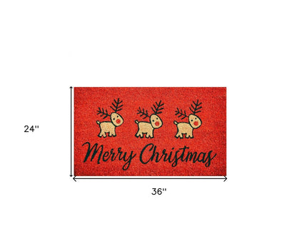 24" X 36" Red and Black Coir Reindeer Merry Christmas Outdoor Christmas Door Mat