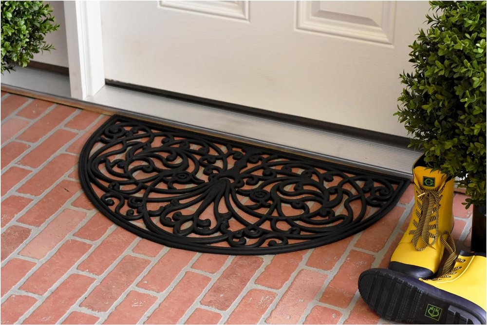 18" X 30" Black Rubber Scrollwork Welcome Outdoor Semi Circle Door Mat