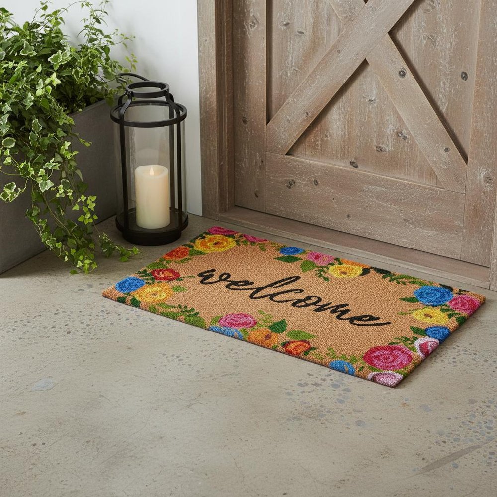 24" X 36" Natural and Black Coir Floral Welcome Outdoor Door Mat