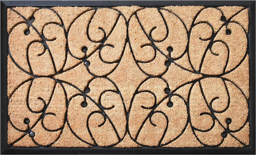 24" X 36" Natural and Black Coir Botanical Leaves Outdoor Door Mat