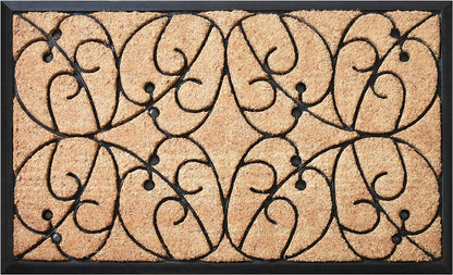 24" X 36" Natural and Black Coir Botanical Leaves Outdoor Door Mat