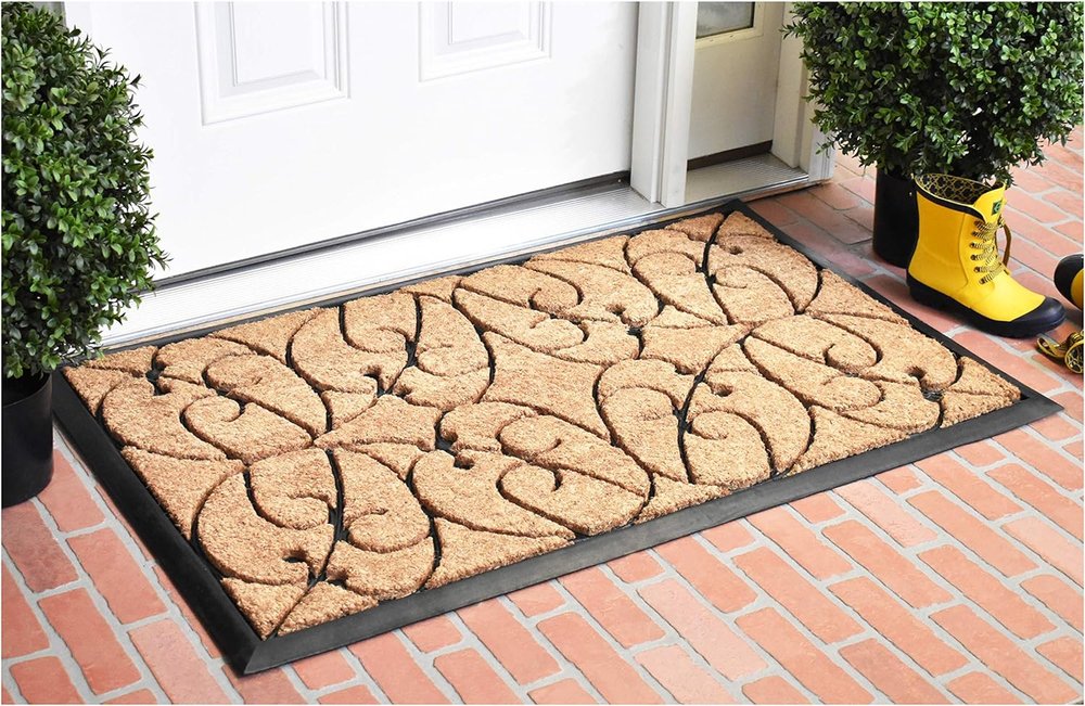 24" X 36" Natural and Black Coir Botanical Leaves Outdoor Door Mat
