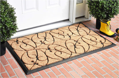24" X 36" Natural and Black Coir Botanical Leaves Outdoor Door Mat