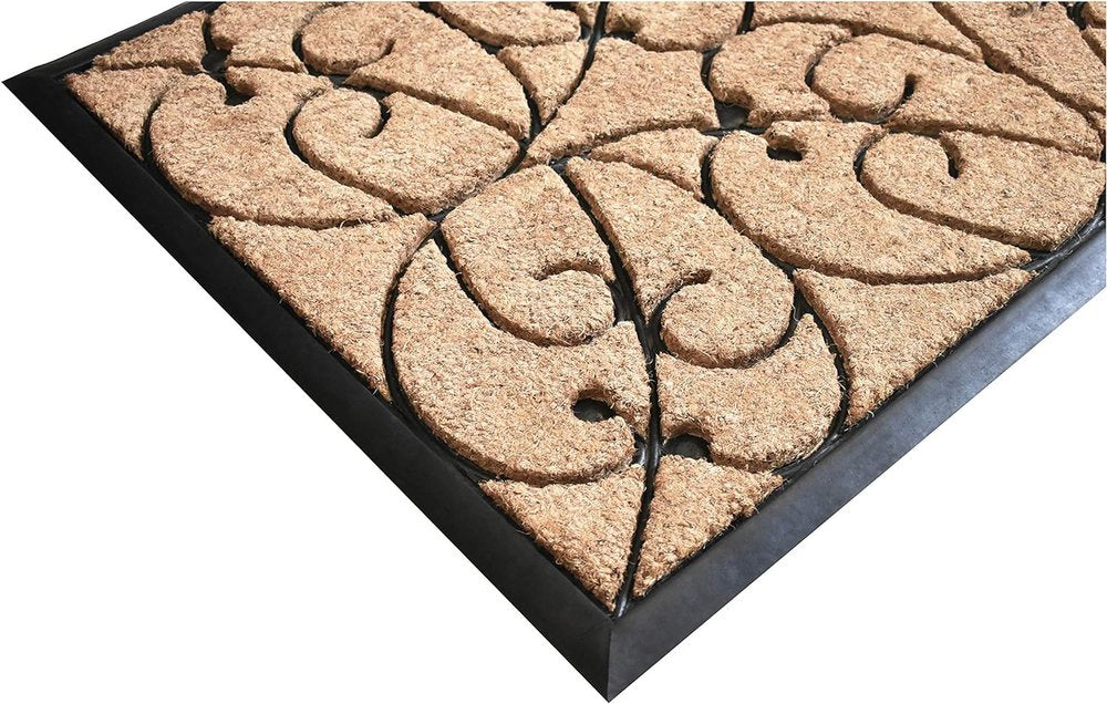 24" X 36" Natural and Black Coir Botanical Leaves Outdoor Door Mat