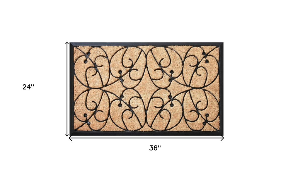 24" X 36" Natural and Black Coir Botanical Leaves Outdoor Door Mat