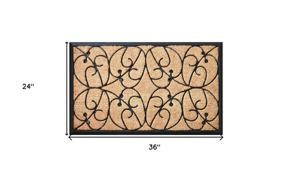 24" X 36" Natural and Black Coir Botanical Leaves Outdoor Door Mat