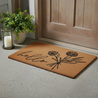 24" X 36" Natural and Black Coir Floral Hello Outdoor Door Mat