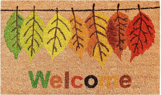 17" X 29" Natural Green And Orange Botanical Leaves Welcome Outdoor Coir Door Mat