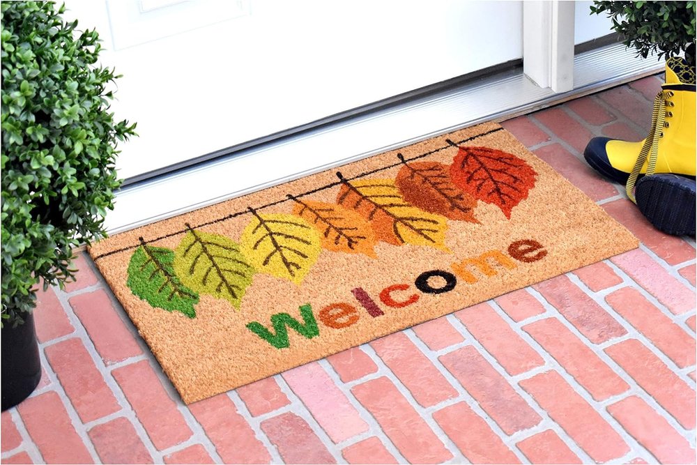 17" X 29" Natural Green And Orange Botanical Leaves Welcome Outdoor Coir Door Mat