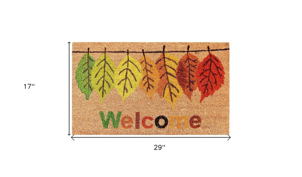 17" X 29" Natural Green And Orange Botanical Leaves Welcome Outdoor Coir Door Mat