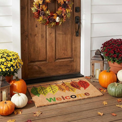 17" X 29" Natural Green And Orange Botanical Leaves Welcome Outdoor Coir Door Mat
