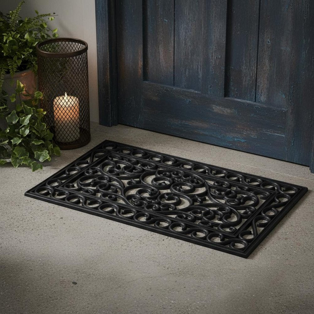 18" X 30" Black Rubber Scrollwork Outdoor Door Mat