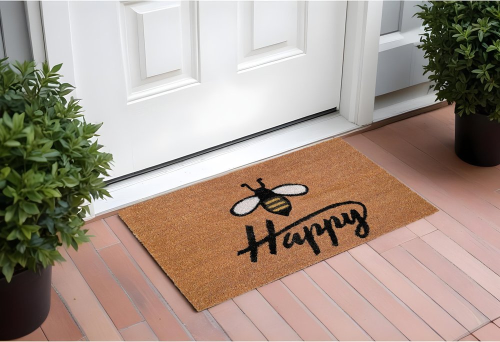 24" X 36" Natural and Black Coir Bumblee Bee Happy Outdoor Door Mat