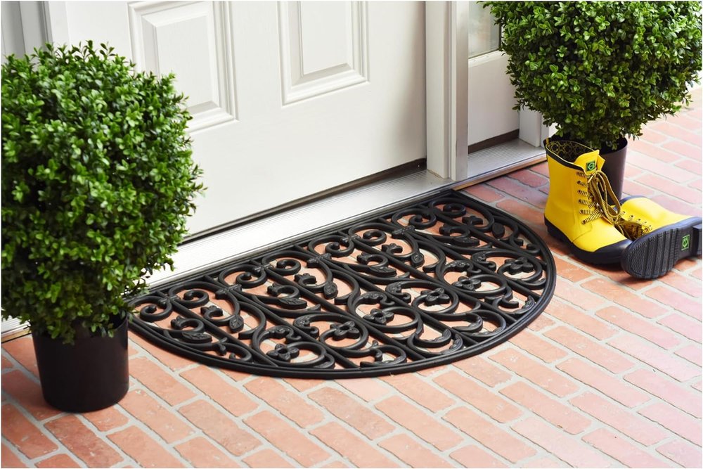 24" X 36" Black Rubber Scrollwork Outdoor Semi Circle Door Mat