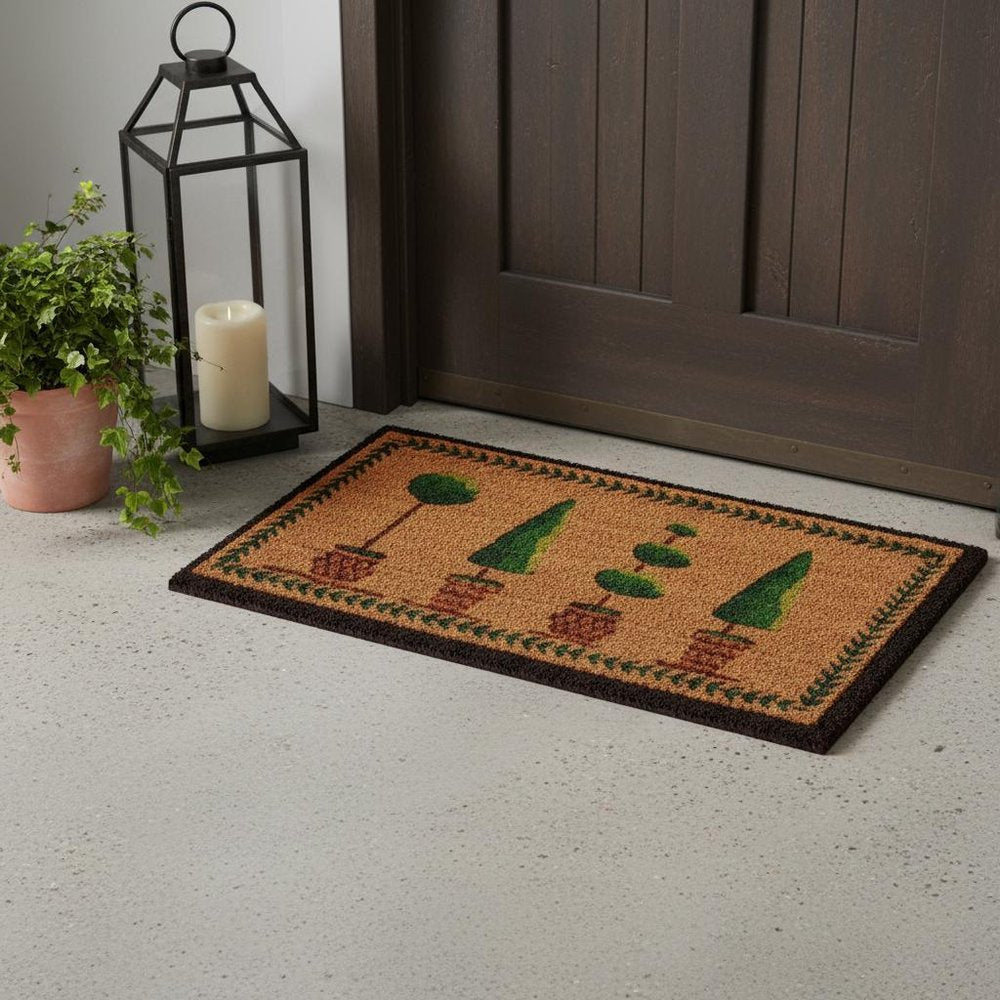 17" X 29" Natural and Green Coir Topiary Outdoor Door Mat