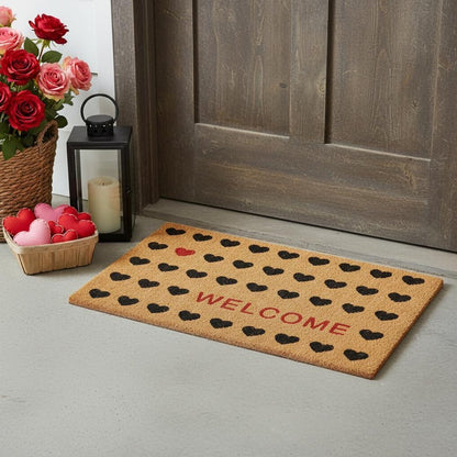 17" X 29" Natural and Black Coir Heart Welcome Outdoor Valentine's Day Door Mat