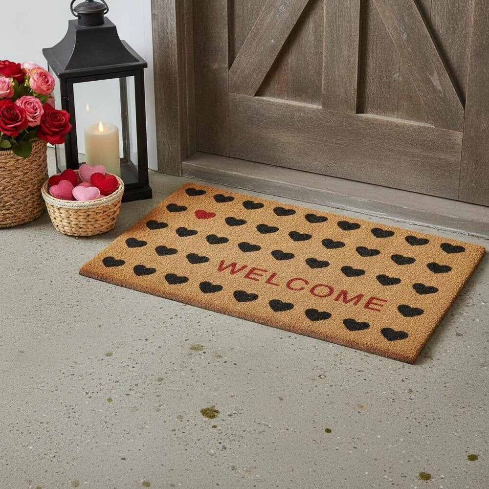 17" X 29" Natural and Black Coir Heart Welcome Outdoor Valentine's Day Door Mat