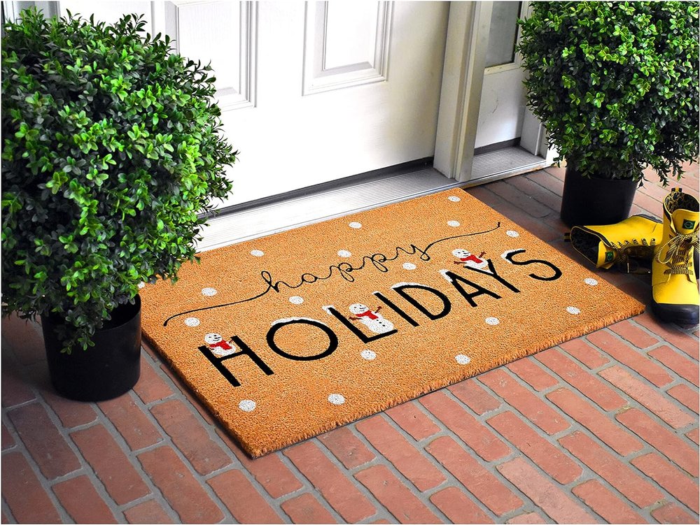 17" X 29" Natural Black and White Coir Happy Holidays Outdoor Christmas Door Mat