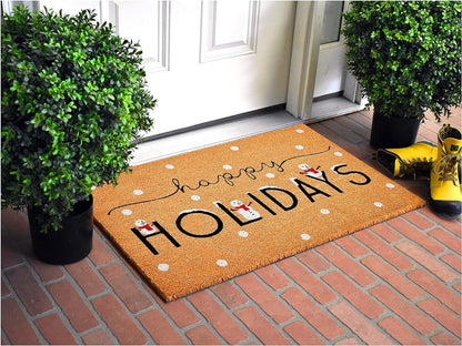 17" X 29" Natural Black and White Coir Happy Holidays Outdoor Christmas Door Mat