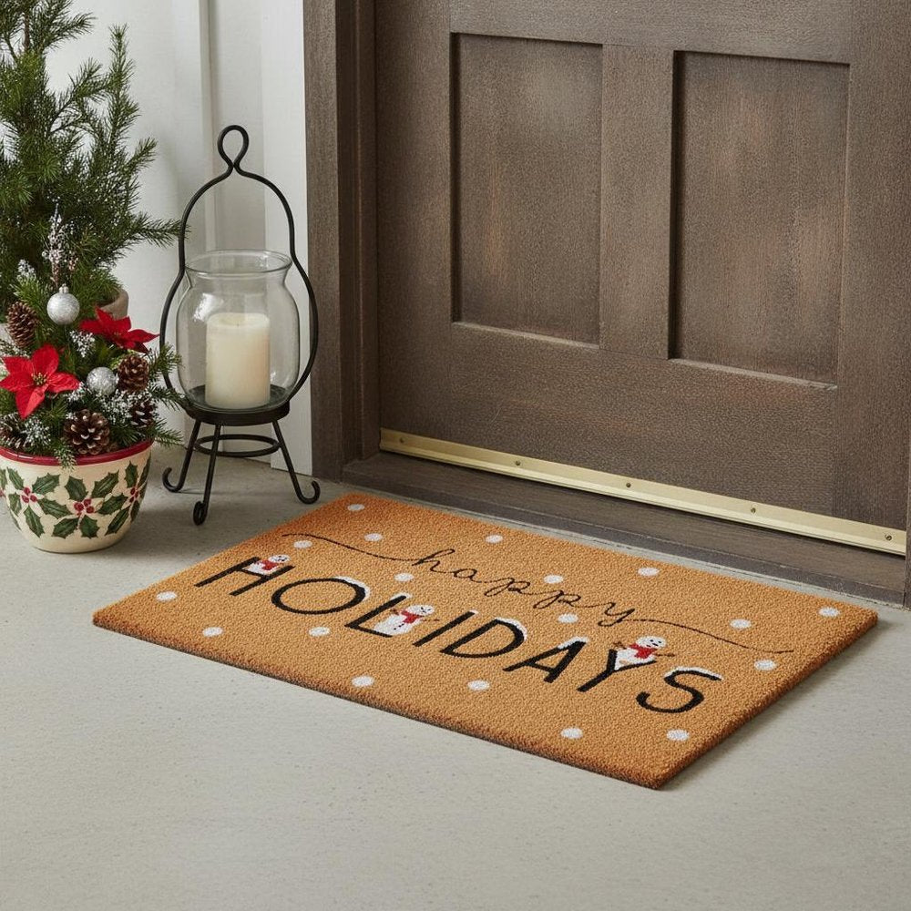 17" X 29" Natural Black and White Coir Happy Holidays Outdoor Christmas Door Mat