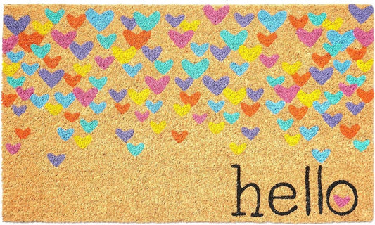 17" X 29" Natural Blue and Yellow Coir Heart Outdoor Valentine's Day Door Mat