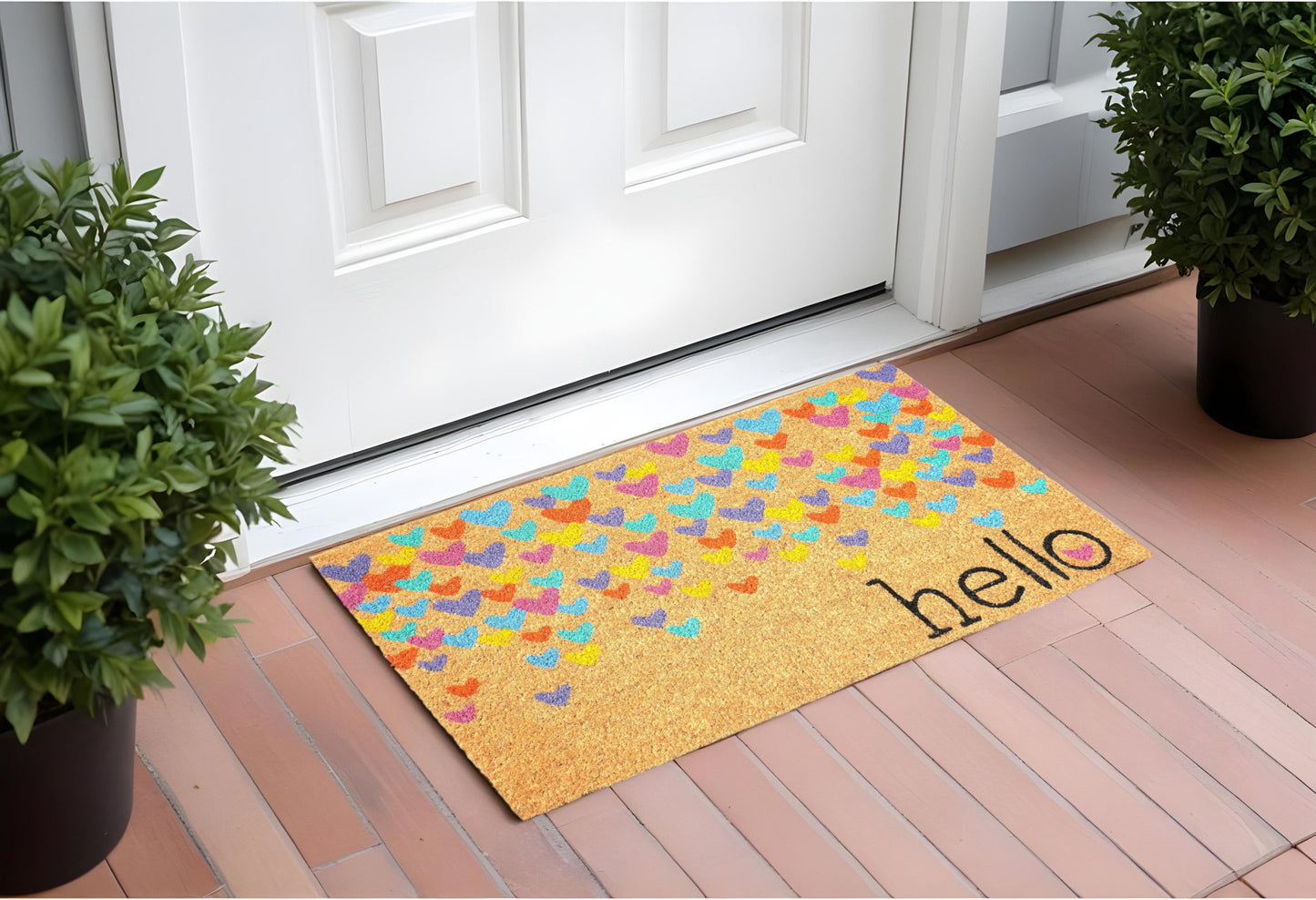 17" X 29" Natural Blue and Yellow Coir Heart Outdoor Valentine's Day Door Mat