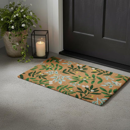 17" X 29" Natural and Green Coir Botanical Leaves Outdoor Door Mat
