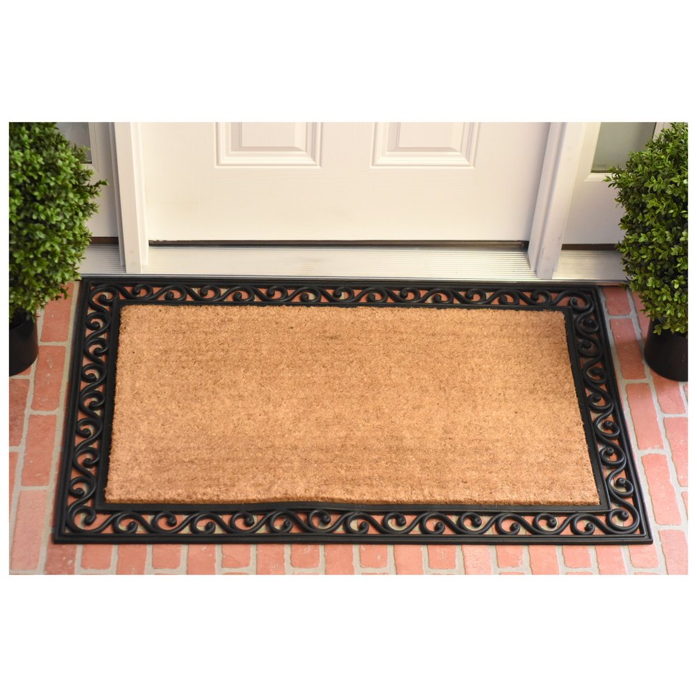 22" X 36" Natural and Black Coir Scrollwork Outdoor Door Mat